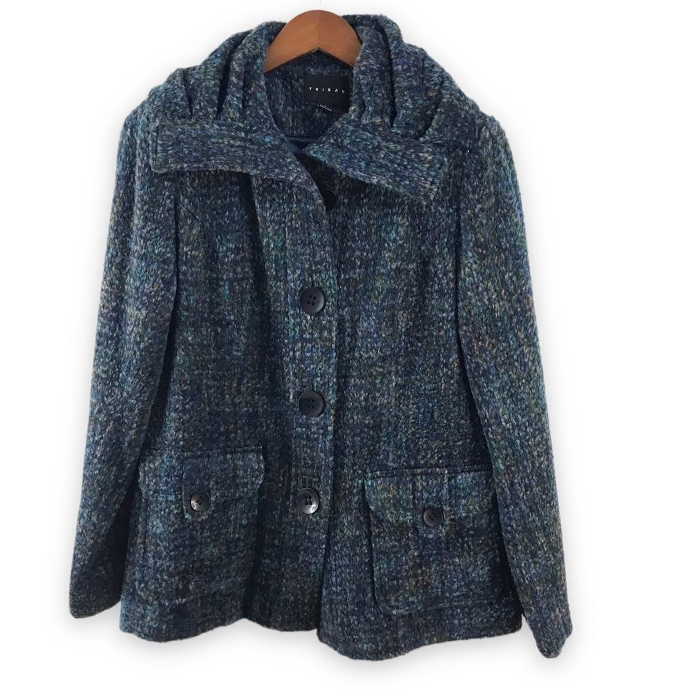 Tribal Women's S Highlands Wool Blend Pea Coat Slate Teal‎ Bouclee Tweed New